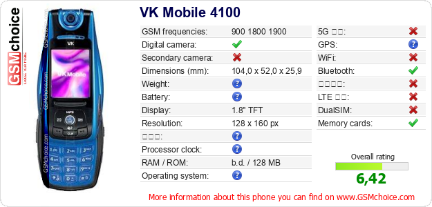 VK Mobile 4100 手機技術數據