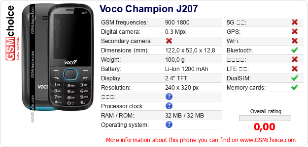 Voco Champion J207 手機技術數據