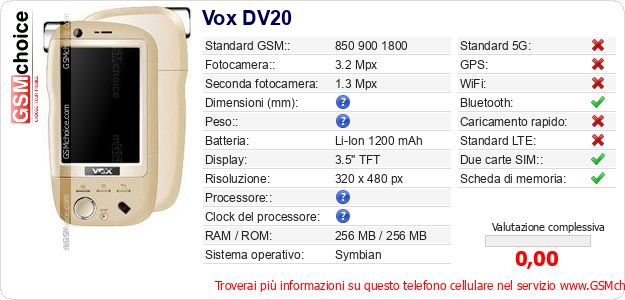 Vox DV20 Dati tecnici di telefono cellulare 