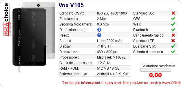 Vox V105 Dati tecnici di telefono cellulare Vox V105 Dati tecnici di telefono cellulare