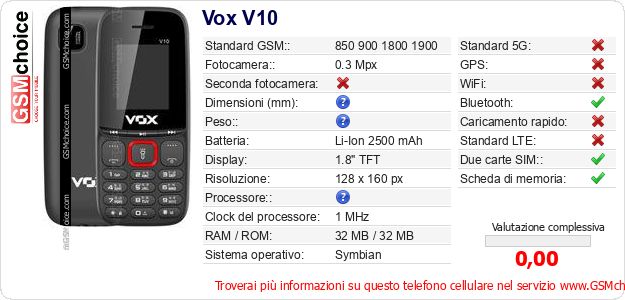 Vox V10 Dati tecnici di telefono cellulare Vox V10 Dati tecnici di telefono cellulare
