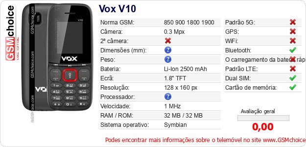Vox V10 Especificações técnicas do telemóvel Vox V10 Especificações técnicas do telemóvel