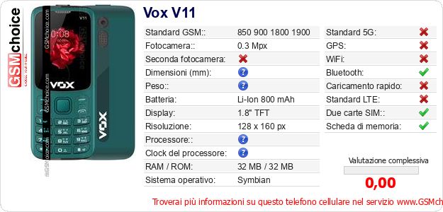 Vox V11 Dati tecnici di telefono cellulare Vox V11 Dati tecnici di telefono cellulare