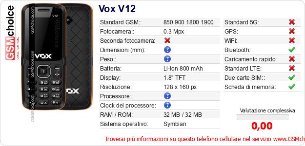 Vox V12 Dati tecnici di telefono cellulare Vox V12 Dati tecnici di telefono cellulare