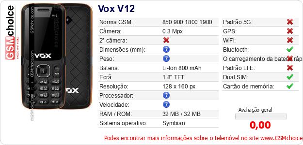 Vox V12 Especificações técnicas do telemóvel Vox V12 Especificações técnicas do telemóvel