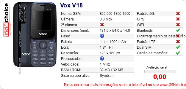 Vox V18 Especificações técnicas do telemóvel Vox V18 Especificações técnicas do telemóvel