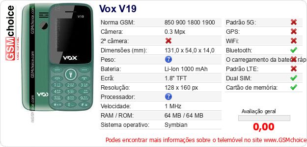 Vox V19 Especificações técnicas do telemóvel Vox V19 Especificações técnicas do telemóvel