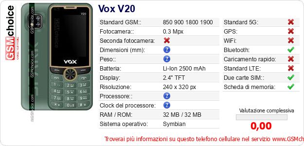 Vox V20 Dati tecnici di telefono cellulare Vox V20 Dati tecnici di telefono cellulare