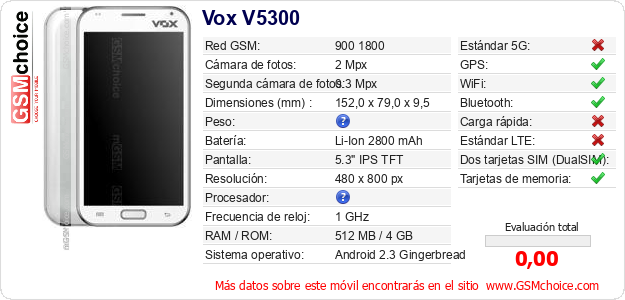 Vox V5300 Datos técnicos del móvil 