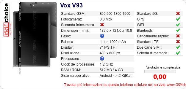 Vox V93 Dati tecnici di telefono cellulare Vox V93 Dati tecnici di telefono cellulare