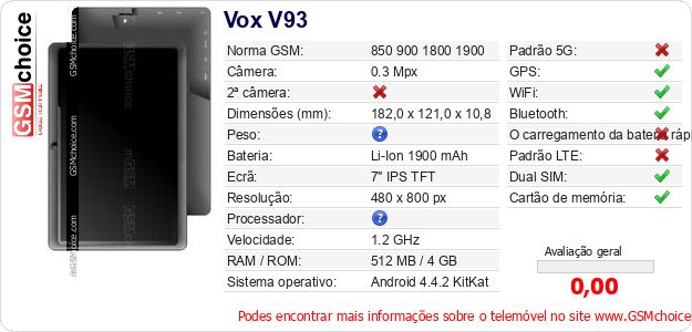 Vox V93 Especificações técnicas do telemóvel 
