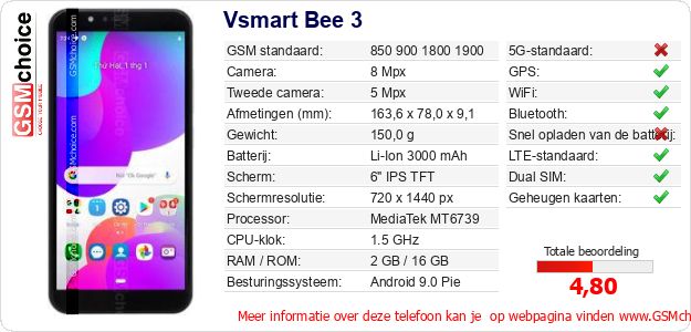 Vsmart Bee 3 Technische gegevens 