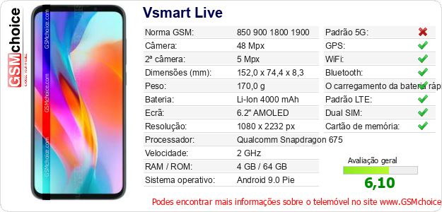 Vsmart Live Especificações técnicas do telemóvel Vsmart Live Especificações técnicas do telemóvel