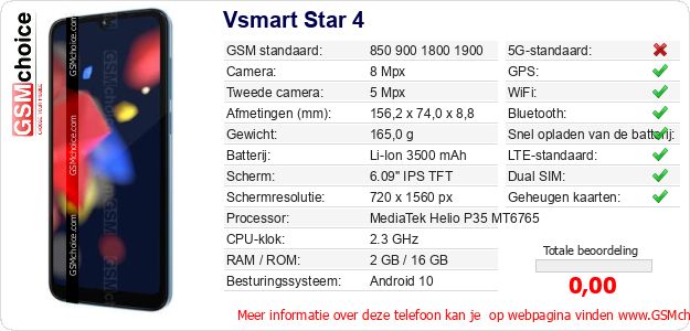 Vsmart Star 4 Technische gegevens 