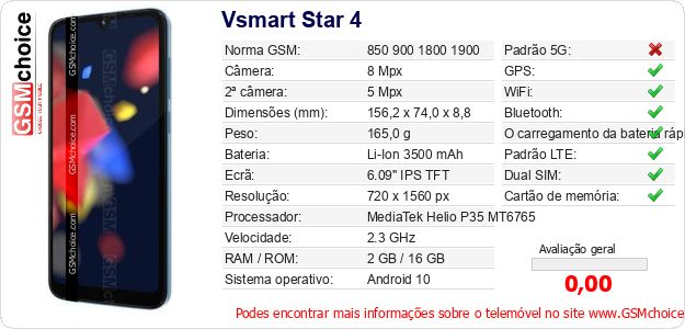 Vsmart Star 4 Especificações técnicas do telemóvel Vsmart Star 4 Especificações técnicas do telemóvel