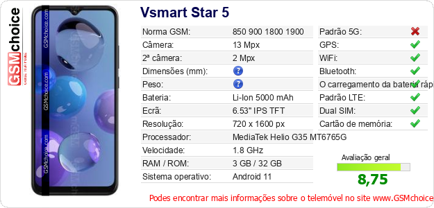 Vsmart Star 5 Especificações técnicas do telemóvel 