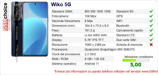 Wiko 5G Dati tecnici di telefono cellulare Wiko 5G Dati tecnici di telefono cellulare