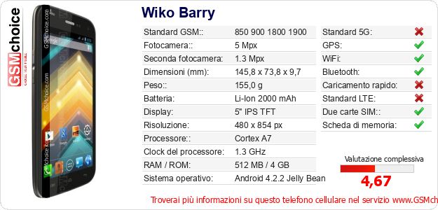 Wiko Barry Dati tecnici di telefono cellulare Wiko Barry Dati tecnici di telefono cellulare