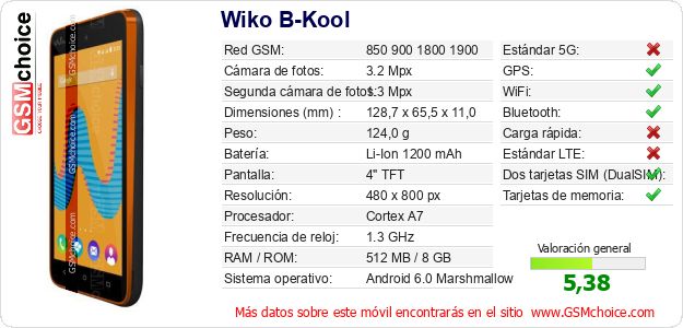 Wiko B-Kool Datos técnicos del móvil Wiko B-Kool Datos técnicos del móvil