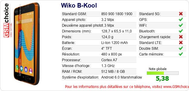 Wiko B-Kool Fiche technique Wiko B-Kool Fiche technique