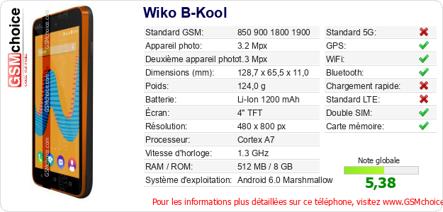 Wiko B-Kool Fiche technique