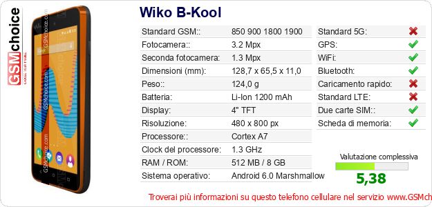 Wiko B-Kool Dati tecnici di telefono cellulare Wiko B-Kool Dati tecnici di telefono cellulare