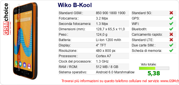 Wiko B-Kool Dati tecnici di telefono cellulare Wiko B-Kool Dati tecnici di telefono cellulare