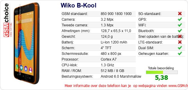 Wiko B-Kool Technische gegevens Wiko B-Kool Technische gegevens