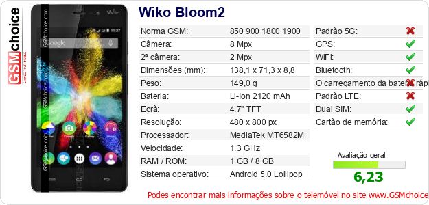 Wiko Bloom2 Especificações técnicas do telemóvel Wiko Bloom2 Especificações técnicas do telemóvel