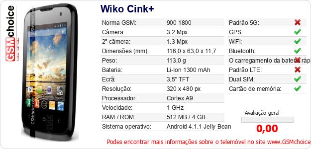 Wiko Cink+ Especificações técnicas do telemóvel Wiko Cink+ Especificações técnicas do telemóvel