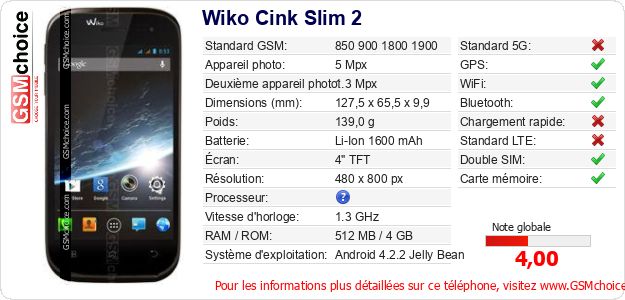 Wiko Cink Slim 2 Fiche technique Wiko Cink Slim 2 Fiche technique