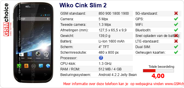 Wiko Cink Slim 2 Technische gegevens 