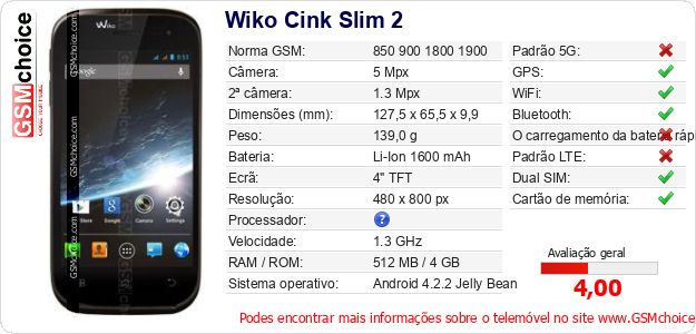 Wiko Cink Slim 2 Especificações técnicas do telemóvel Wiko Cink Slim 2 Especificações técnicas do telemóvel
