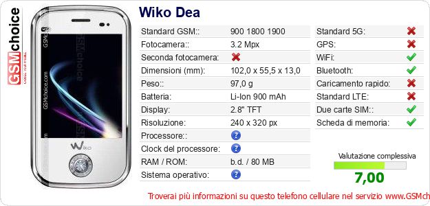 Wiko Dea Dati tecnici di telefono cellulare Wiko Dea Dati tecnici di telefono cellulare