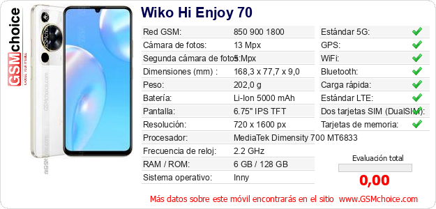 Wiko Hi Enjoy 70 Datos técnicos del móvil 