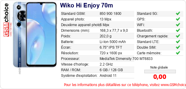 Wiko Hi Enjoy 70m Fiche technique Wiko Hi Enjoy 70m Fiche technique