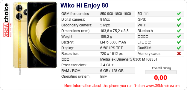 Wiko Hi Enjoy 80 手機技術數據