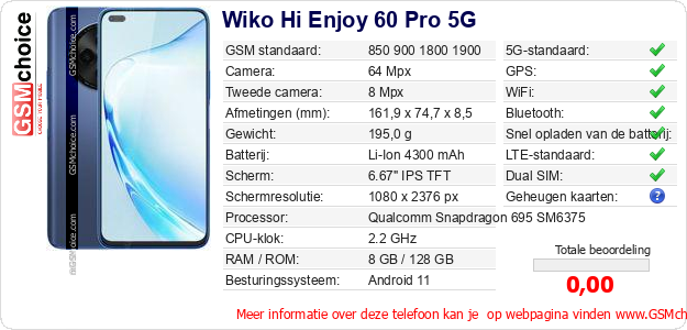 Wiko Hi Enjoy 60 Pro 5G Technische gegevens Wiko Hi Enjoy 60 Pro 5G Technische gegevens