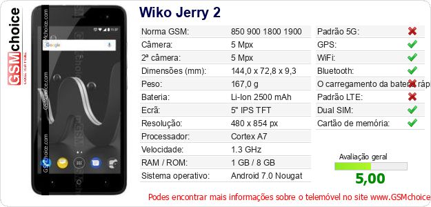 Wiko Jerry 2 Especificações técnicas do telemóvel Wiko Jerry 2 Especificações técnicas do telemóvel