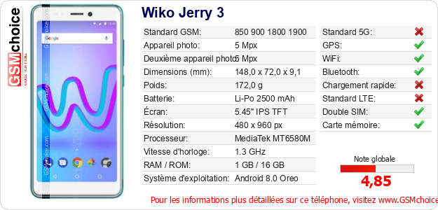 Wiko Jerry 3 Fiche technique Wiko Jerry 3 Fiche technique