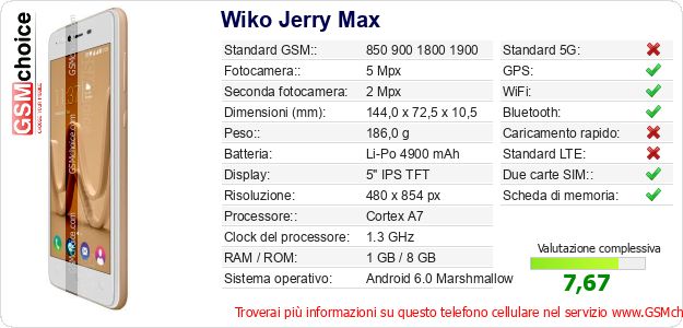 Wiko Jerry Max Dati tecnici di telefono cellulare 