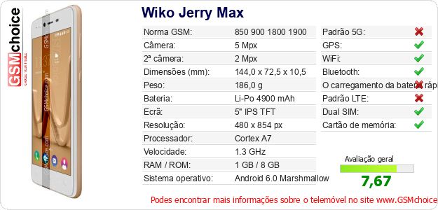 Wiko Jerry Max Especificações técnicas do telemóvel Wiko Jerry Max Especificações técnicas do telemóvel