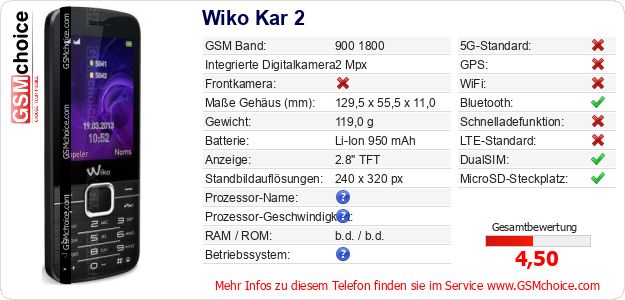 Wiko Kar 2 technische Daten Wiko Kar 2 technische Daten