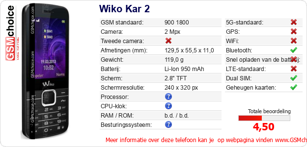 Wiko Kar 2 Technische gegevens Wiko Kar 2 Technische gegevens