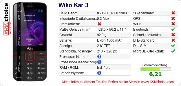 Wiko Kar 3 technische Daten Wiko Kar 3 technische Daten