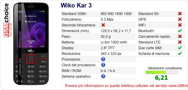 Wiko Kar 3 Dati tecnici di telefono cellulare Wiko Kar 3 Dati tecnici di telefono cellulare