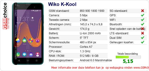 Wiko K-Kool Technische gegevens Wiko K-Kool Technische gegevens