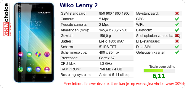 Wiko Lenny 2 Technische gegevens 
