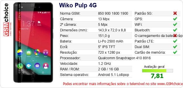 Wiko Pulp 4G Especificações técnicas do telemóvel Wiko Pulp 4G Especificações técnicas do telemóvel