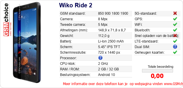 Wiko Ride 2 Technische gegevens Wiko Ride 2 Technische gegevens